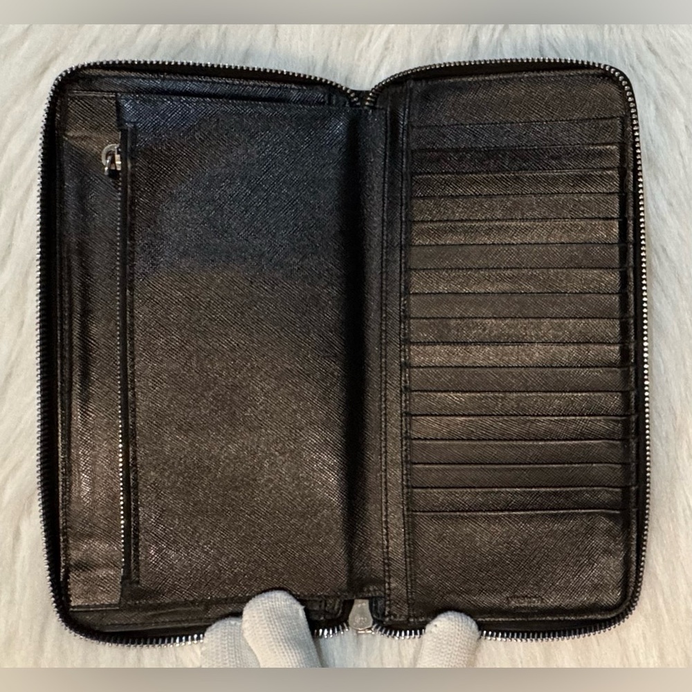 Prada Saffiano Leather Long Wallet Zip Around Organizer Black VGUC